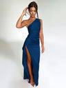 Sloping Shoulders Backless Satin High Fork Maxi Dresses