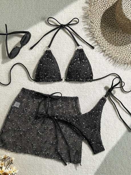 Mesh Sexy Strappy Swimsuit Bikini Three-Piece Set