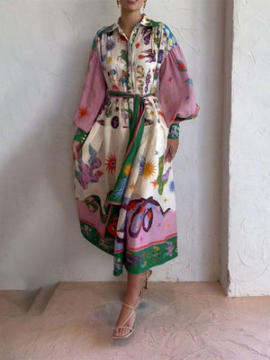 Botanical Floral Prints Balloon Sleeve Lapel Waist Long Sleeve Maxi Dresses