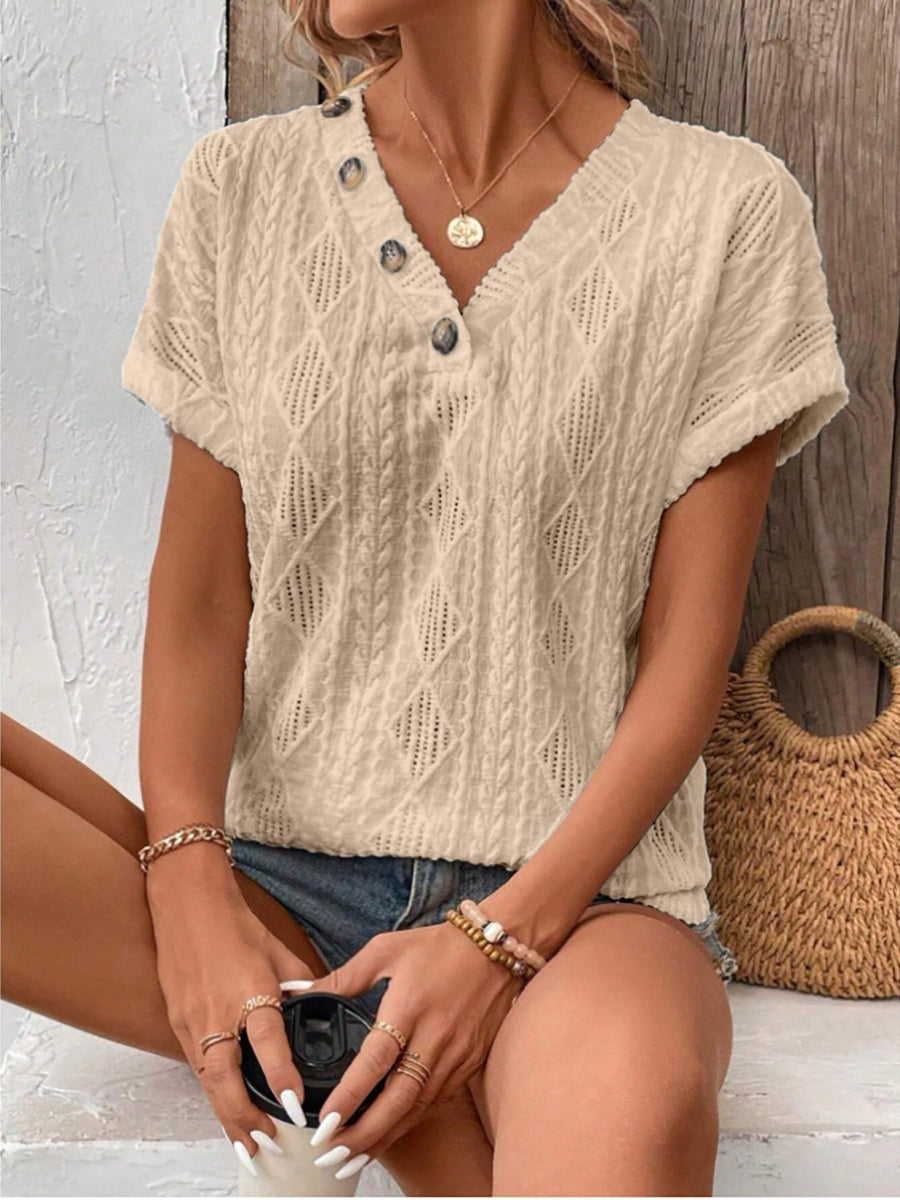 V-neck Button-down Loose Short-sleeved T-shirt