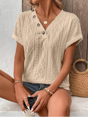 V-neck Button-down Loose Short-sleeved T-shirt