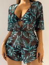 Leaf Print Waist-cinching Tie Long-sleeved Sun Protection Bikini Three-Piece Set