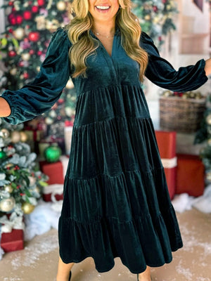 Velvet V-neck Multi-layer Ruffles Maxi Dresses
