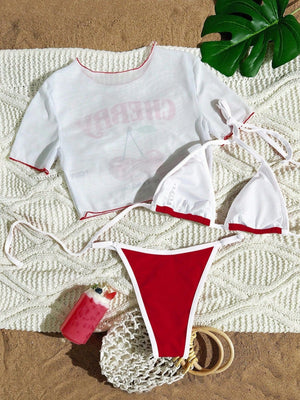 Cherry Print Lace-Up Bikini Three-Piece Set