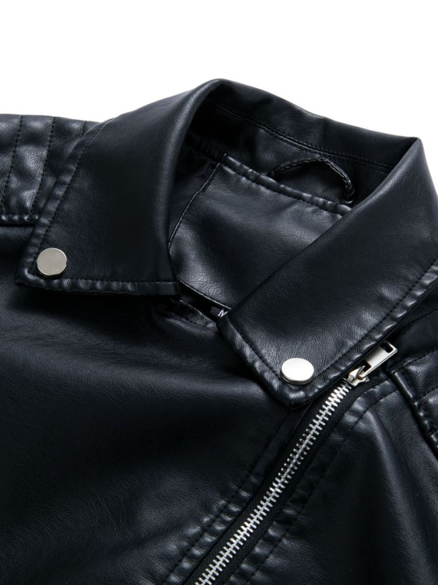 Three-dimensional Decoration Lapel Diagonal Zipper Short Leather Jacket