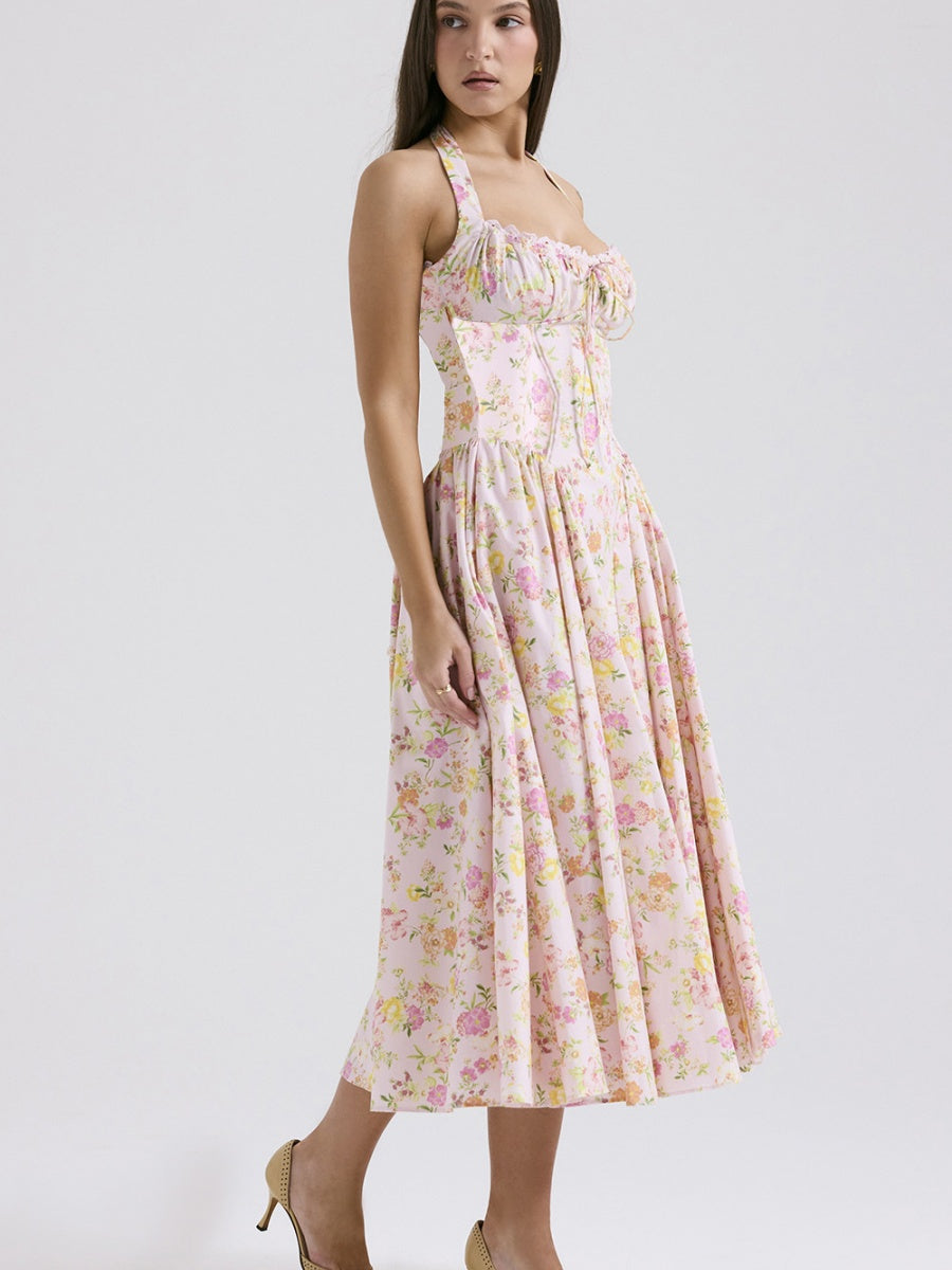Lace Trim Floral Print Vacation Style Long Dress