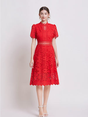 Lace Waist-cinching Hollow-out Midi Dress
