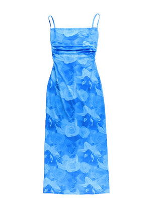 Flowers Printed Waist-cinching And Hip-hugging Swing Collar Camisoles Maxi Dresses