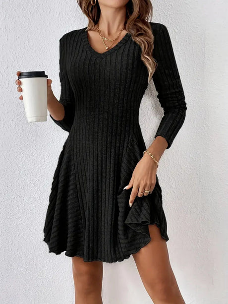 Pit Strip Knitting V-neck Long Sleeve Long Skirt Mini&Short Dresses