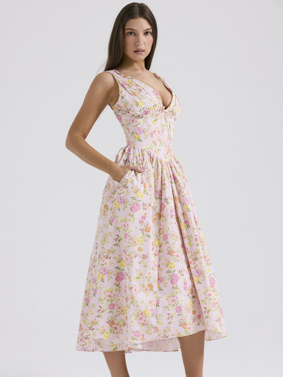 Resort-style Floral Print V-neck Spaghetti Strap Maxi Dress