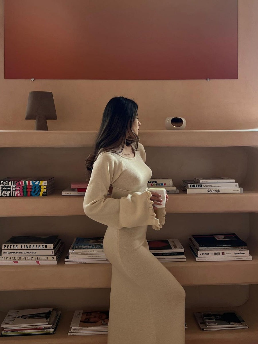 Robe maxi en maille Wood Ear, dos nu, coupe ajustée, taille haute, lacets, manches cloche