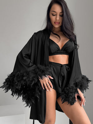 Satin Feather Three-piece Set Of Underwear, Shorts, And Bathrobe Sleepwear