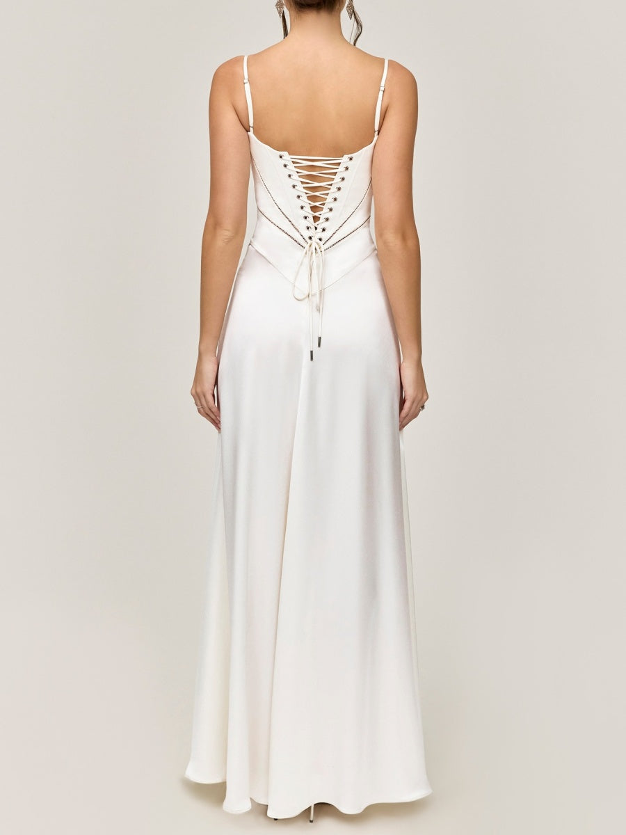 Satin-panel Spaghetti Strap Maxi Dress