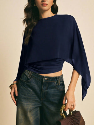 Cape-sleeve T-shirt, Round Neck, Loose Chiffon Cover-up, Elegant Irregular Top/T-shirt