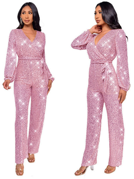 Deep V Long Sleeve Belt Sequins Jumpsuit
