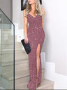 V-neck Sexy Slit High Waist Sequins Maxi Dresses