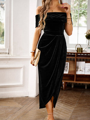 One-shoulder Collar Gathering Hip Velvet Maxi Dresses