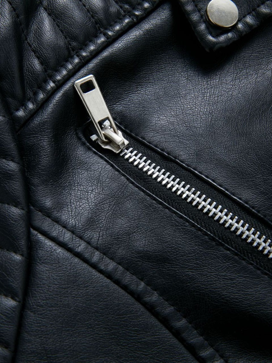 Three-dimensional Decoration Lapel Diagonal Zipper Short Leather Jacket