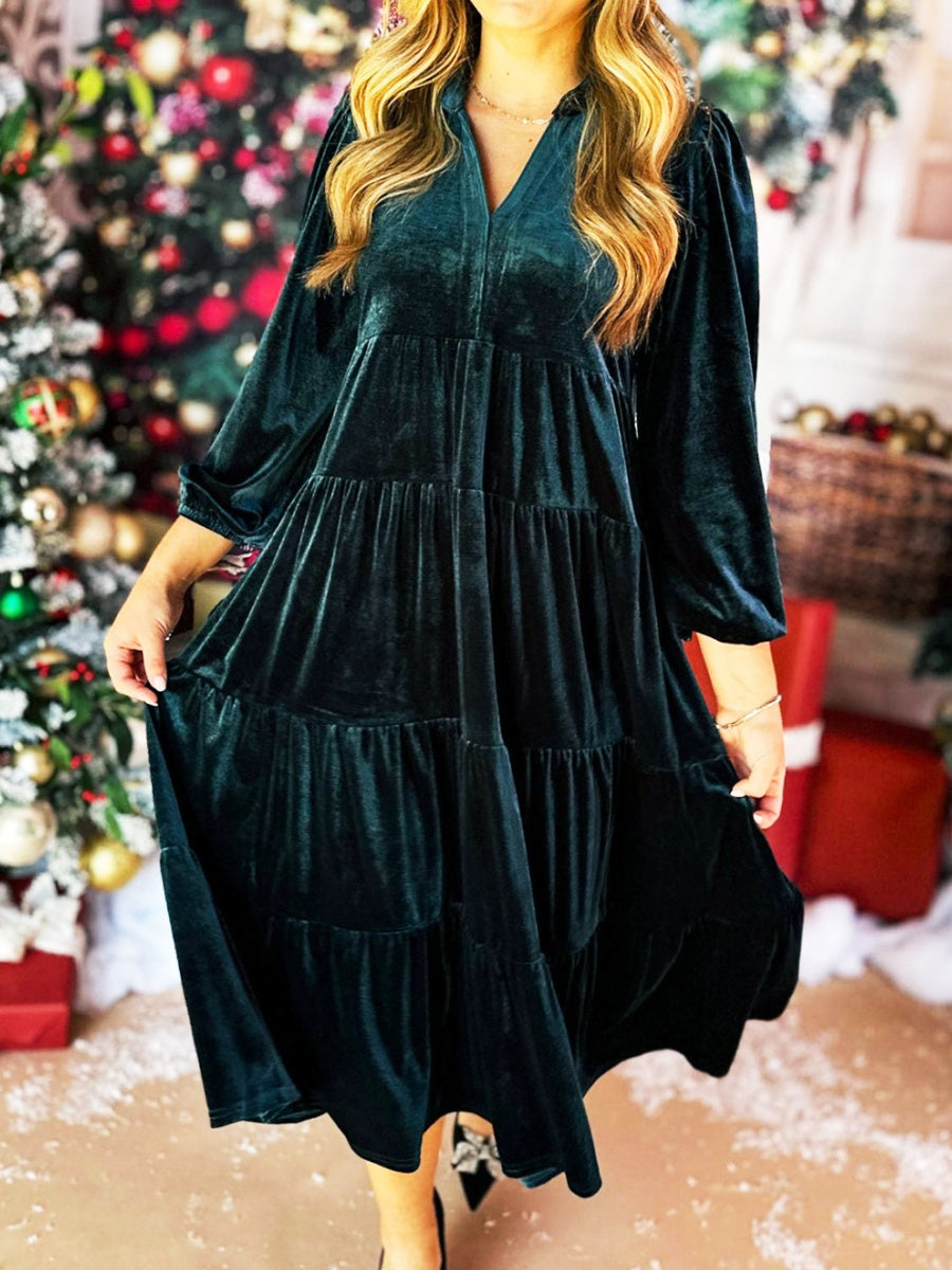 Velvet V-neck Multi-layer Ruffles Maxi Dresses
