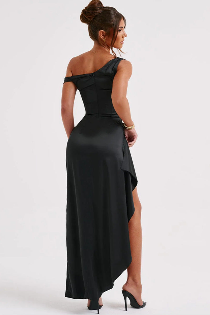 Asymmetrical Satin Shoulder Design With A Cinched Waist Solid Color Maxi Dresses