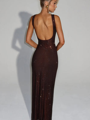 Sexy Double-strap Sequined Rhinestone Halter Top With Cinched Waist And Bodycon Silhouette Long Dress