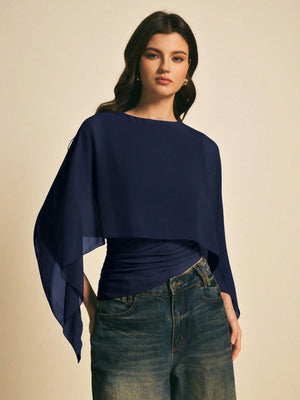 Cape-sleeve T-shirt, Round Neck, Loose Chiffon Cover-up, Elegant Irregular Top/T-shirt