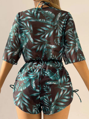 Leaf Print Waist-cinching Tie Long-sleeved Sun Protection Bikini Three-Piece Set