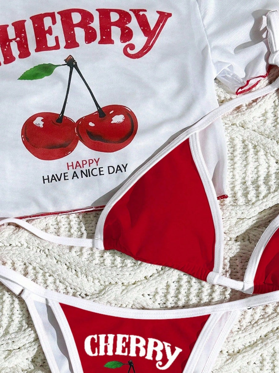 Cherry Print Lace-Up Bikini Three-Piece Set