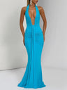 Halter Neck Deep V-neck Fitted Waist Long Dress Sexy Backless Ribbon Fishtail Long Dress