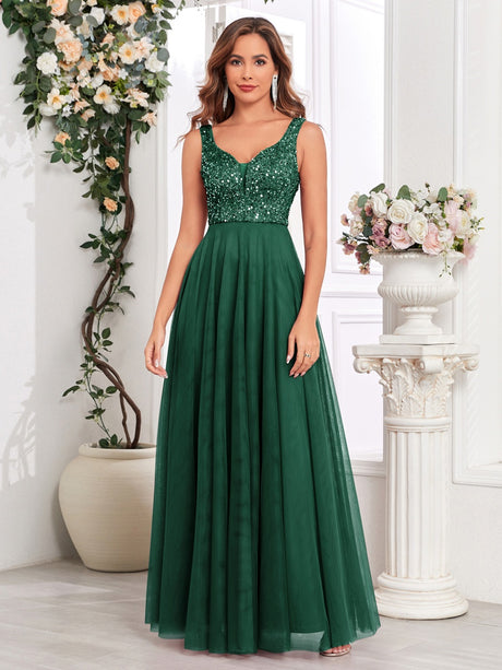 V-neck Embroidery Sequins Elegant Gauze Formal Dress Maxi Dresses