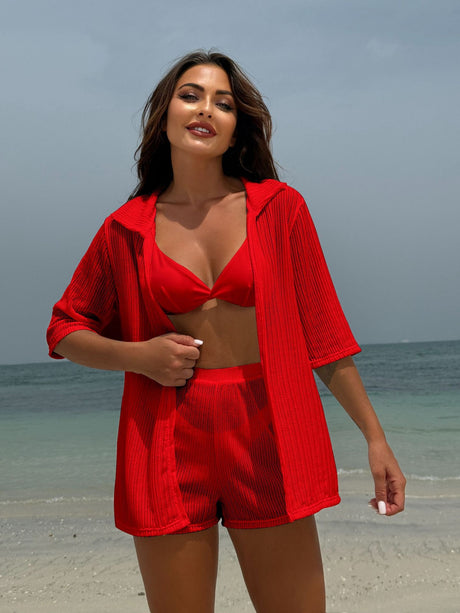 Beach Sun Protection Mesh Shirt, Shorts, Bikini Four-piece Set