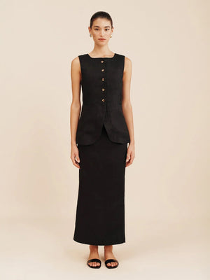 Flax High-waisted Sleeveless Vest Skirts Set 2-piece Sets