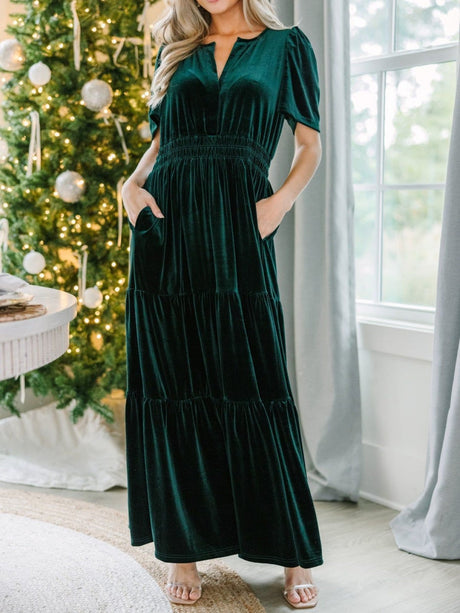 Splicing Short Sleeve Velvet Maxi Dresses
