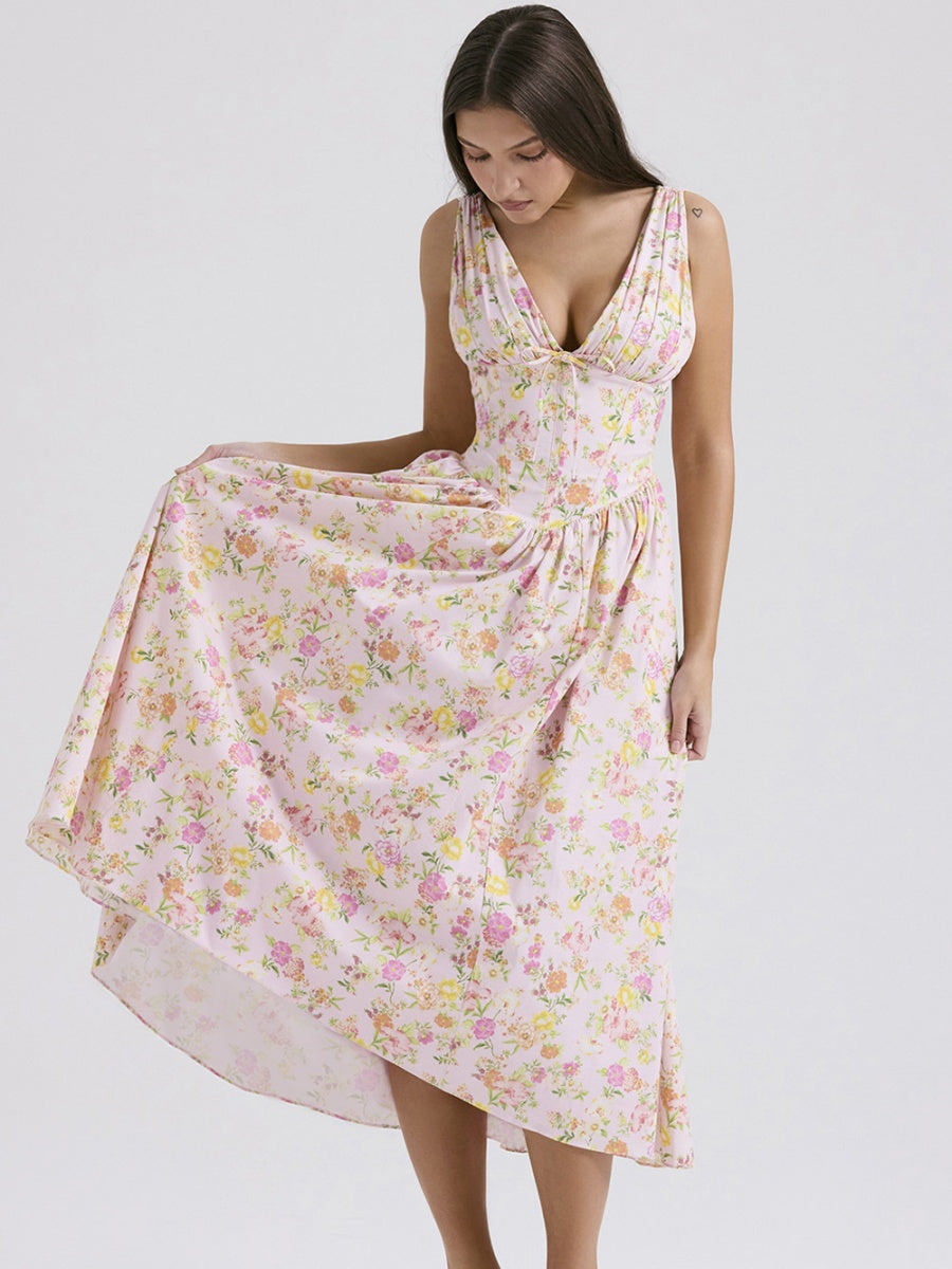 Resort-style Floral Print V-neck Spaghetti Strap Maxi Dress