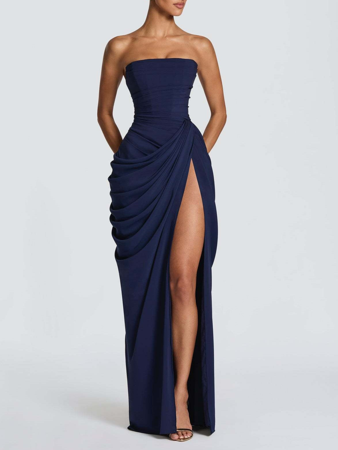 Asymmetrical Pleated Sexy High-slit Strapless Pleated Long Dress