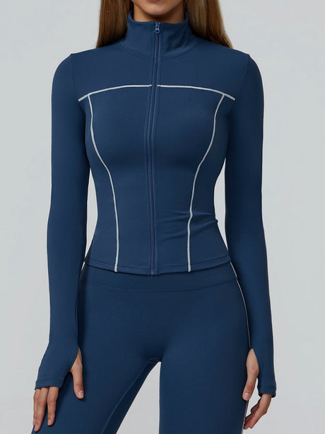 Color-blocked Brushed Yoga Jacket With Zipper, Windproof And Slim Fit