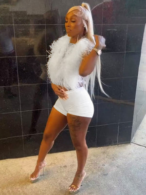 Neckband Feather Satin 2-piece Sets