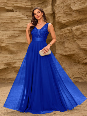 V-neck Embroidery Sequins Elegant Gauze Formal Dress Maxi Dresses