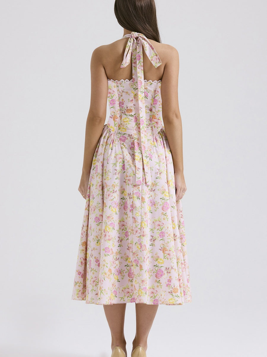 Lace Trim Floral Print Vacation Style Long Dress