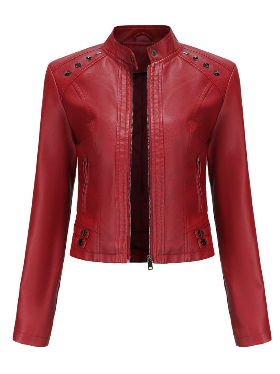 Studs Long Sleeve Stand Collar PU Leather Jackets