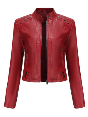 Studs Long Sleeve Stand Collar PU Leather Jackets
