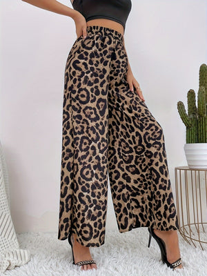 Leopard Print Elastic Waist Draped Loose Casual Wide Trousers