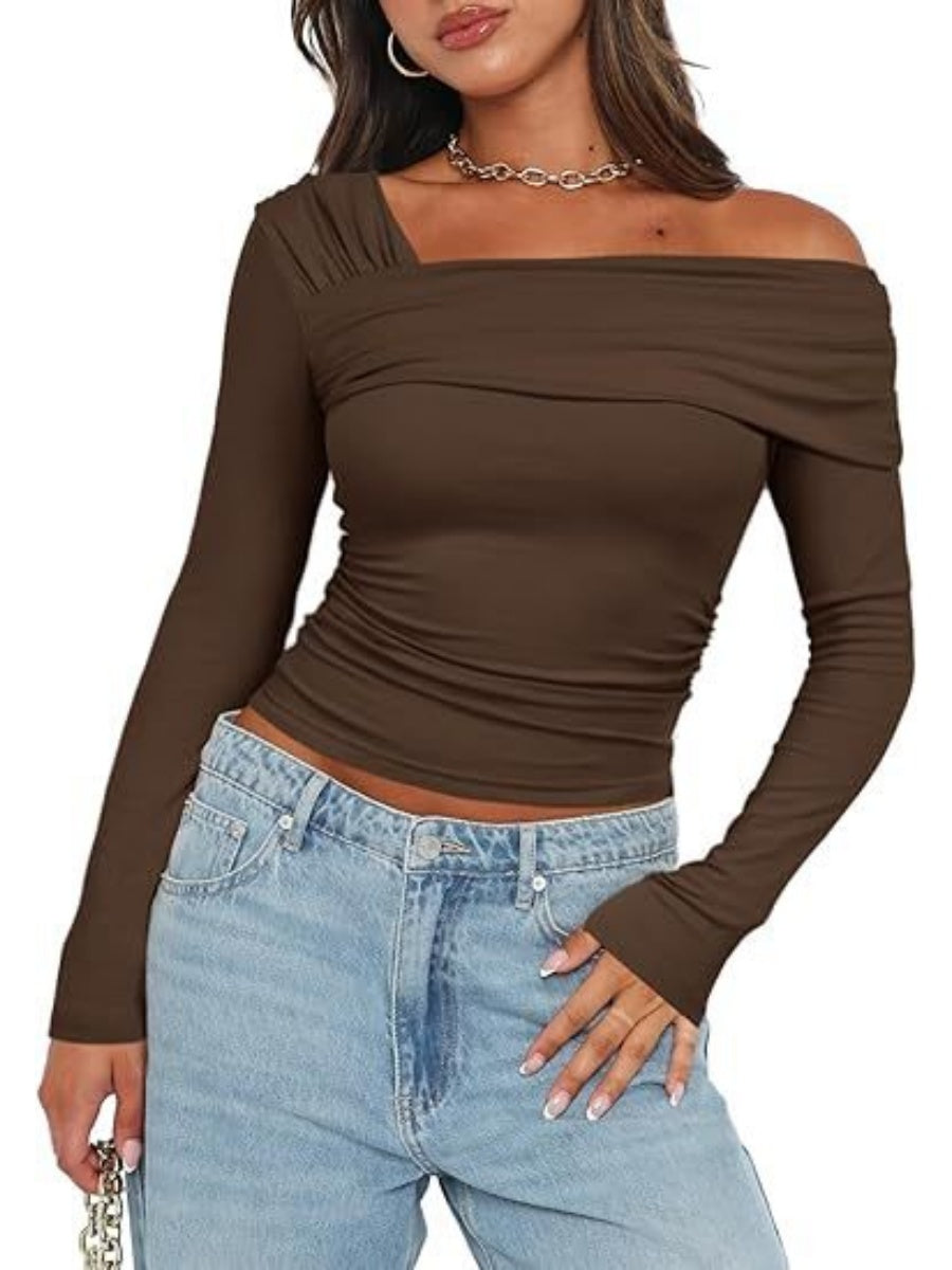 One Shoulder Long Sleeve Pleats Slim Fit T-shirts