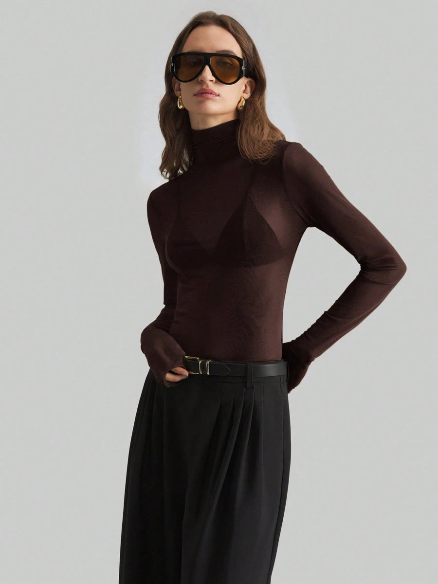 Headband Perspective Turtleneck Slim Fit Party And Nightclub Outfits With Mesh/see-through Tops