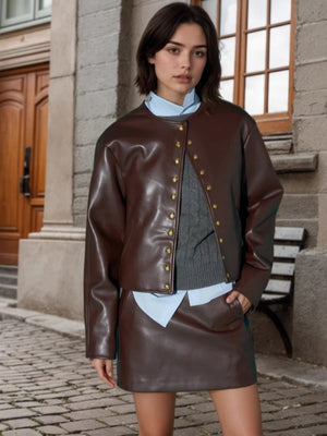 Liber Autumn women's PU leather metal decoration patchwork jacket
