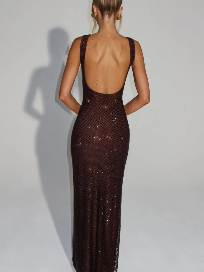 Sexy Double-strap Sequined Rhinestone Halter Top With Cinched Waist And Bodycon Silhouette Long Dress