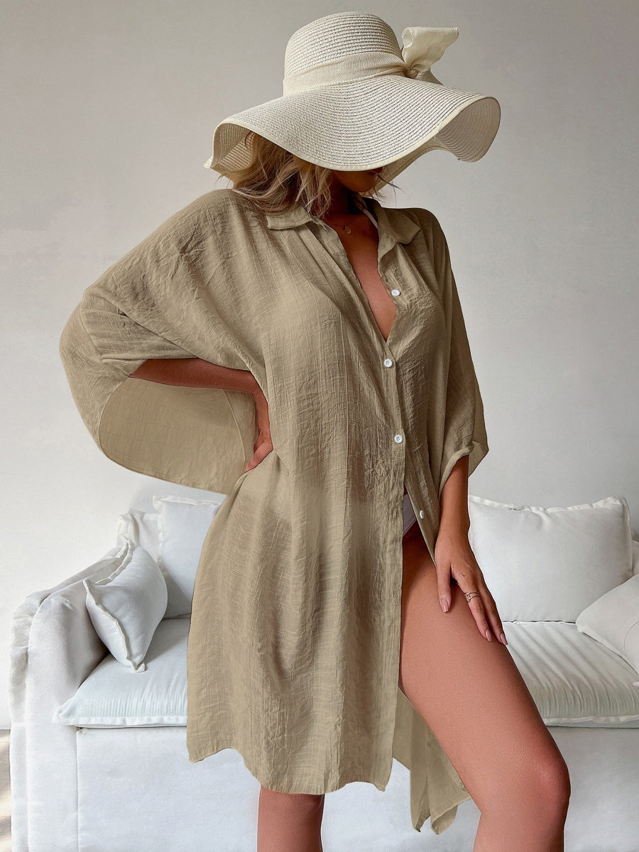 Bamboo Cotton Shirt Style Loose Beach Cardigan Vacation Sun Protection Clothing Bikini Cover-up Swimwear Outer Cardigan