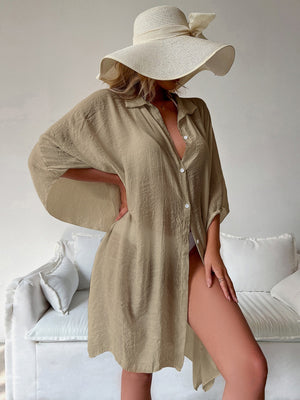 Bamboo Cotton Shirt Style Loose Beach Cardigan Vacation Sun Protection Clothing Bikini Cover-up Swimwear Outer Cardigan
