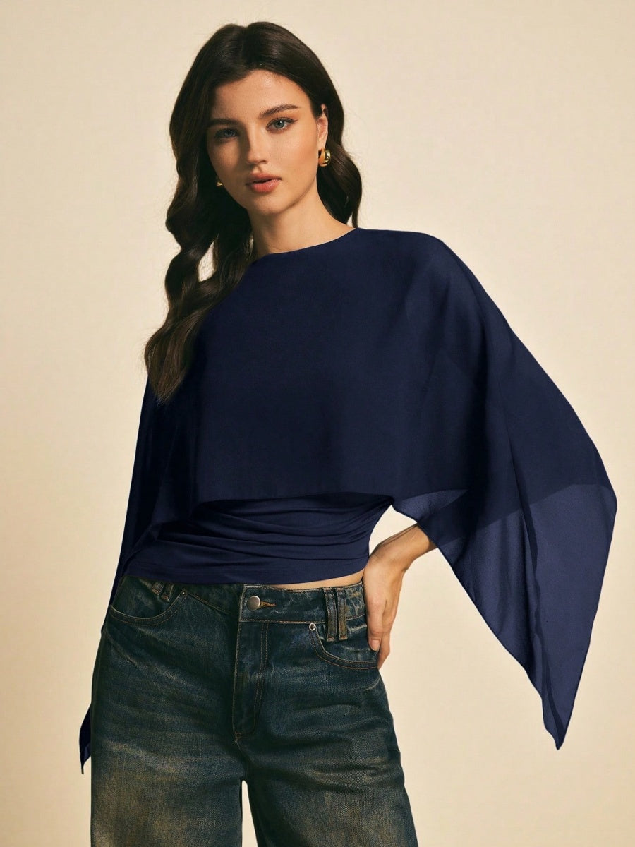 Cape-sleeve T-shirt, Round Neck, Loose Chiffon Cover-up, Elegant Irregular Top/T-shirt