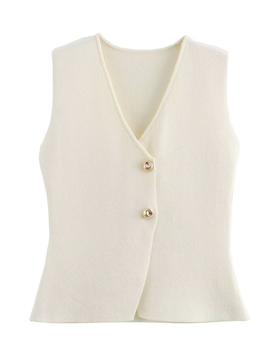 V-neck With Gold Buttons Vest Pleated Skirt 2-piece Sets